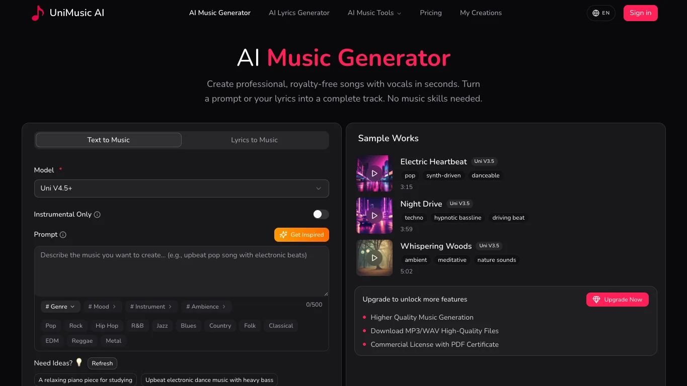 UniMusic AI official homepage screenshot