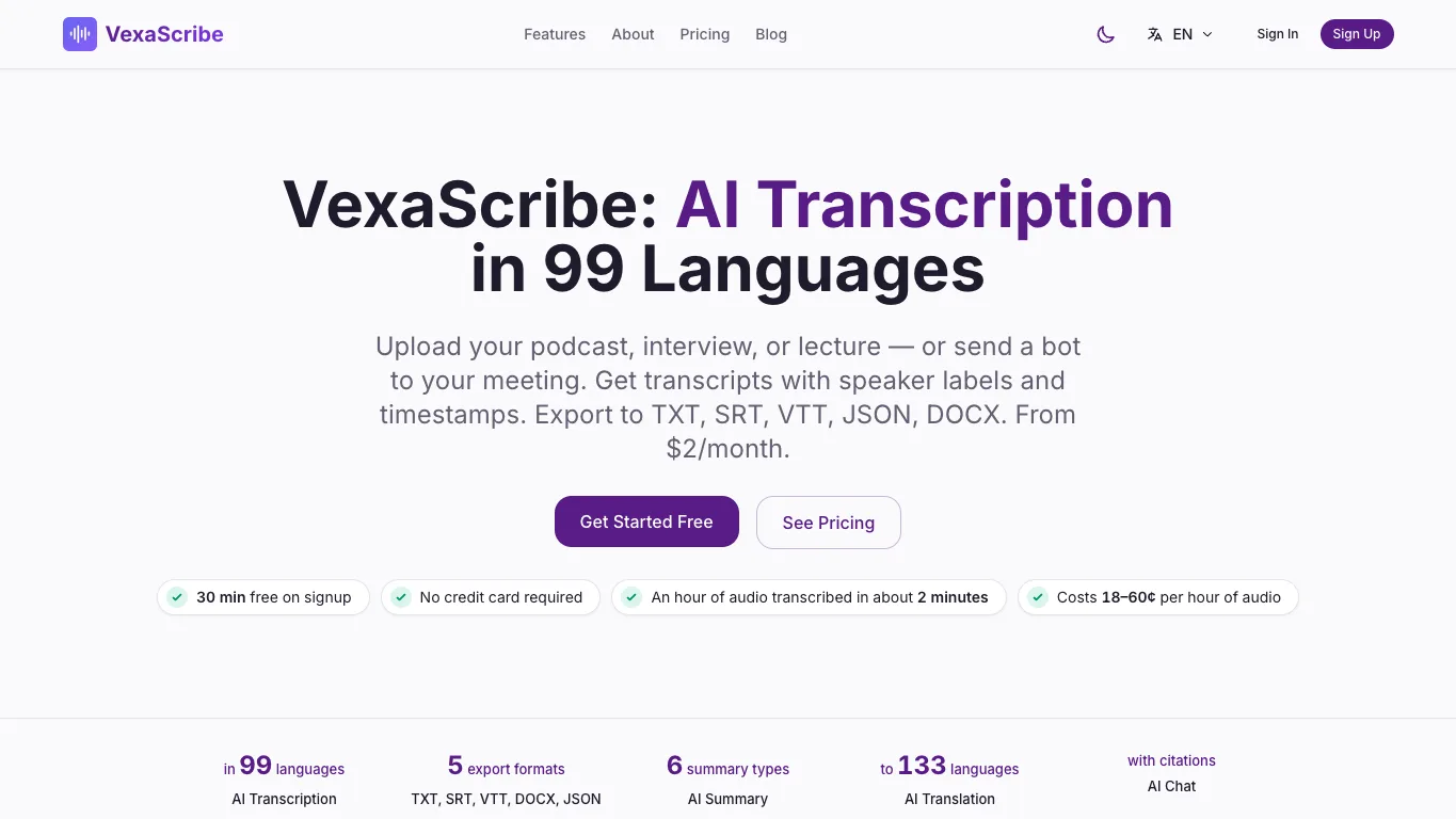 VexaScribe official homepage screenshot