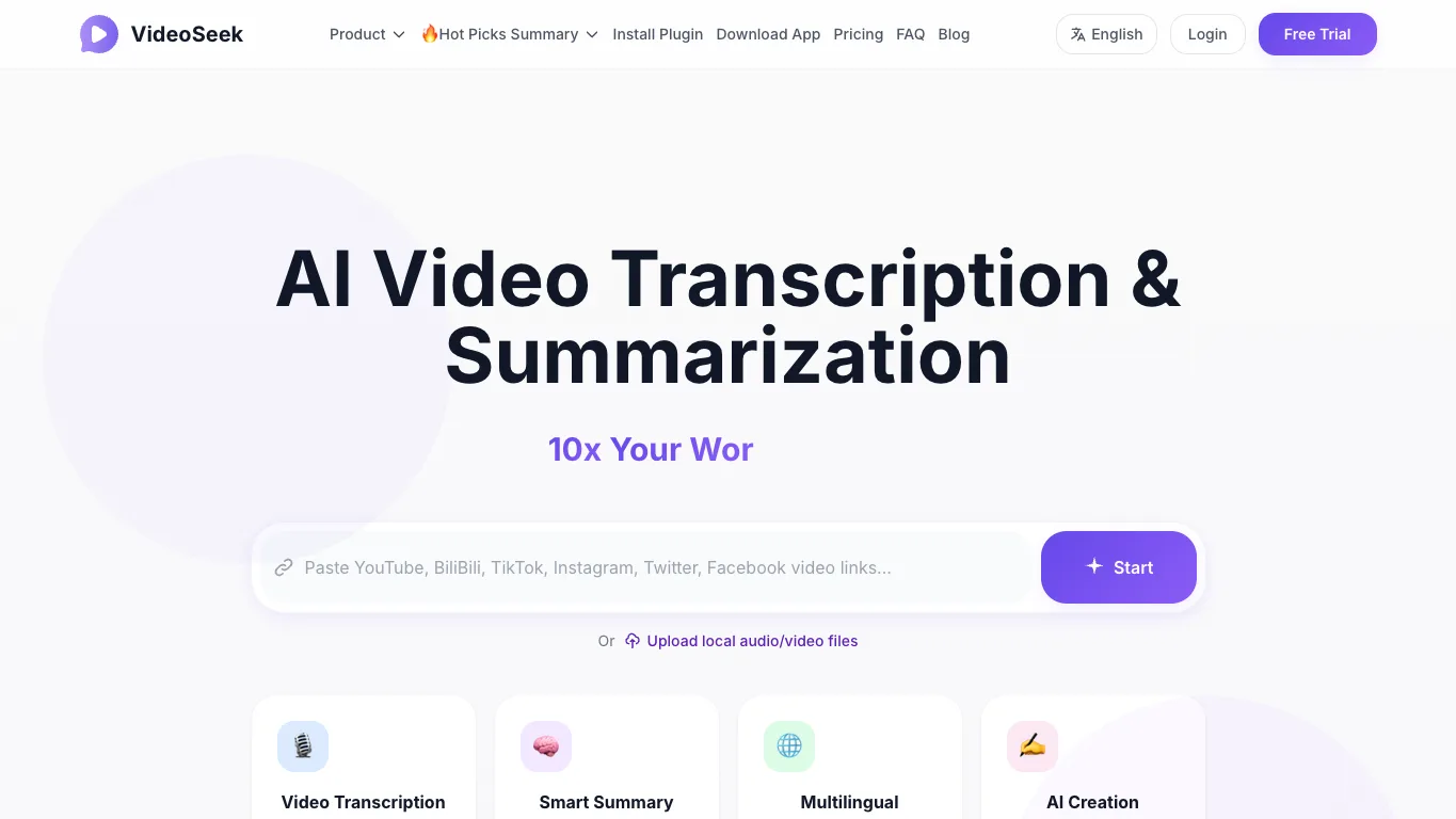 VideoSeek AI official homepage screenshot