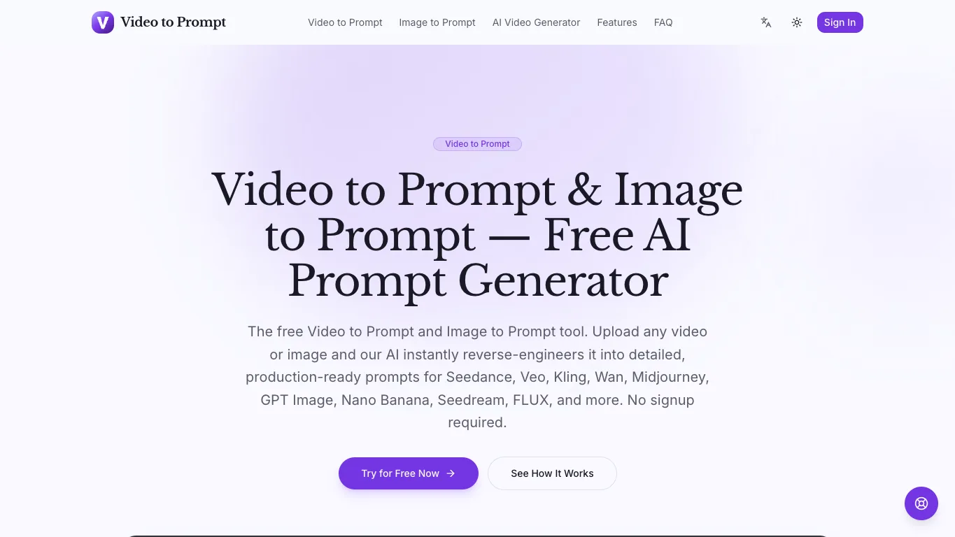 VideoToPrompt official homepage screenshot