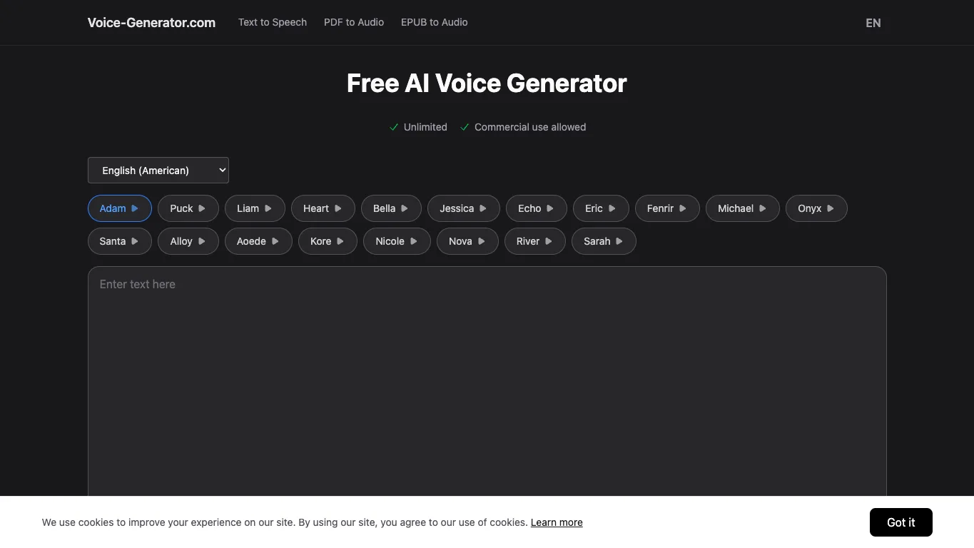 AI Voice Generator official homepage screenshot