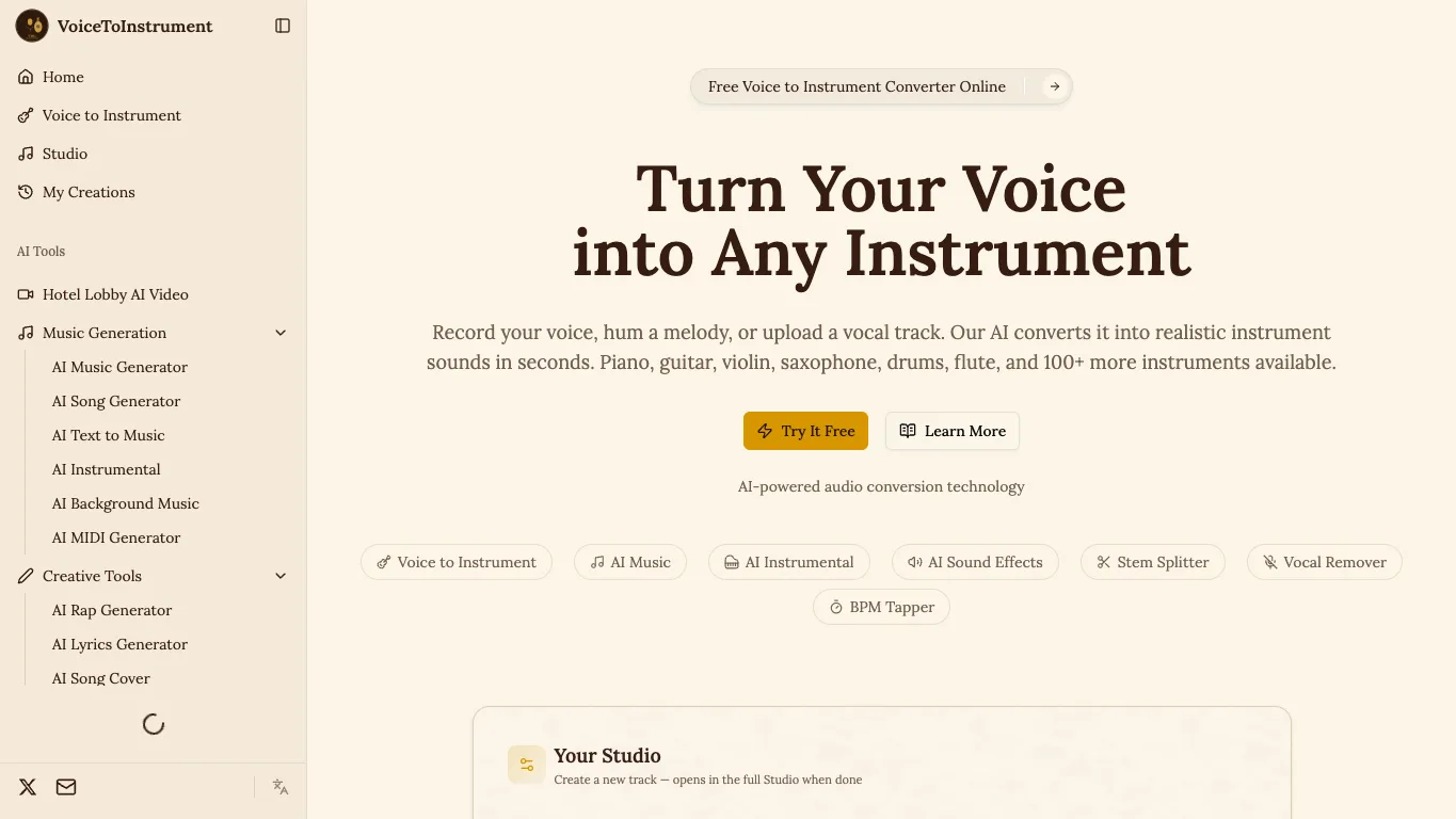 Voice to Instrument official homepage screenshot
