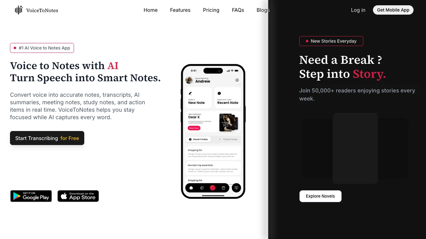 Voice to Notes AI official homepage screenshot
