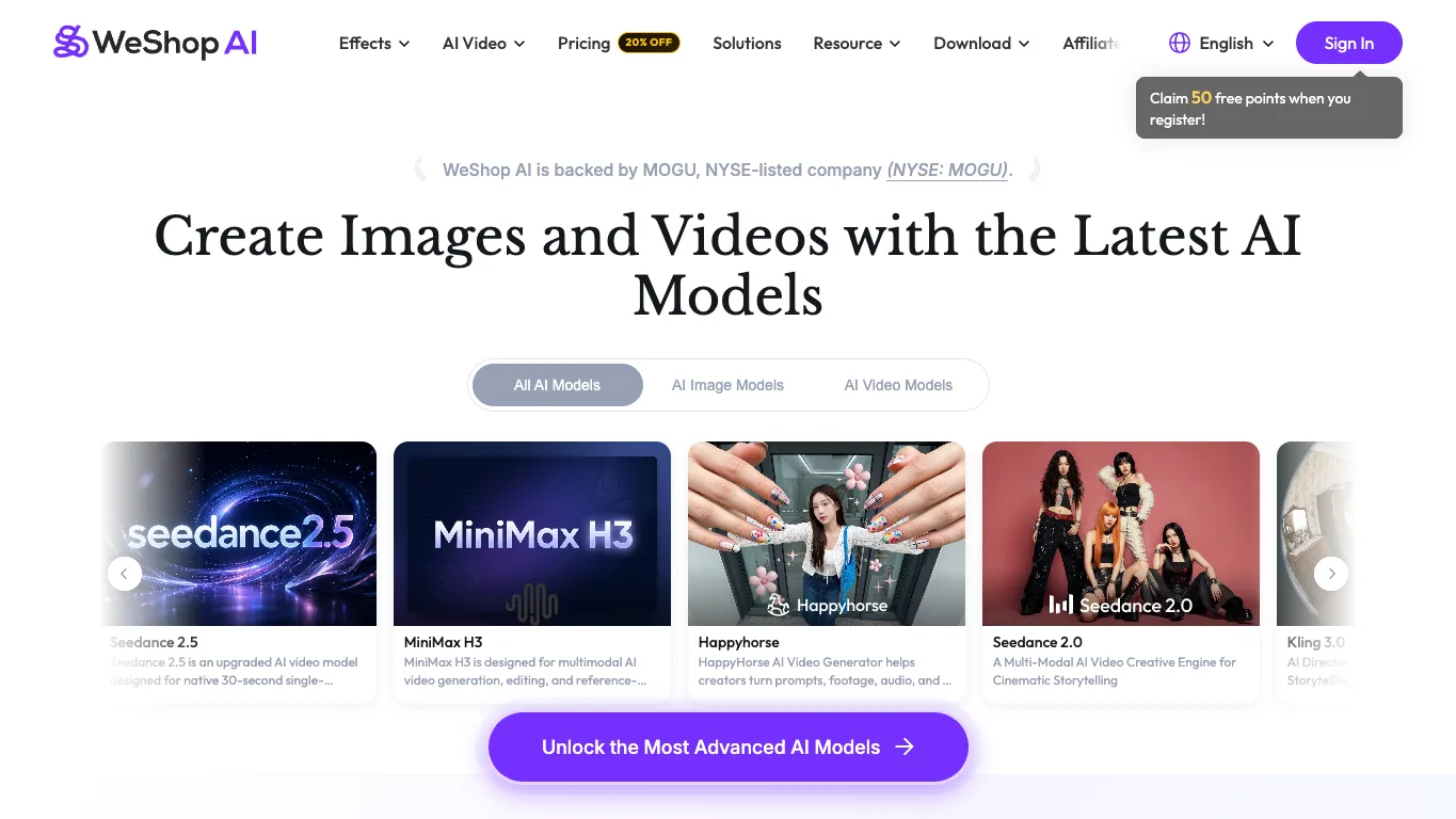WeShop AI website homepage screenshot