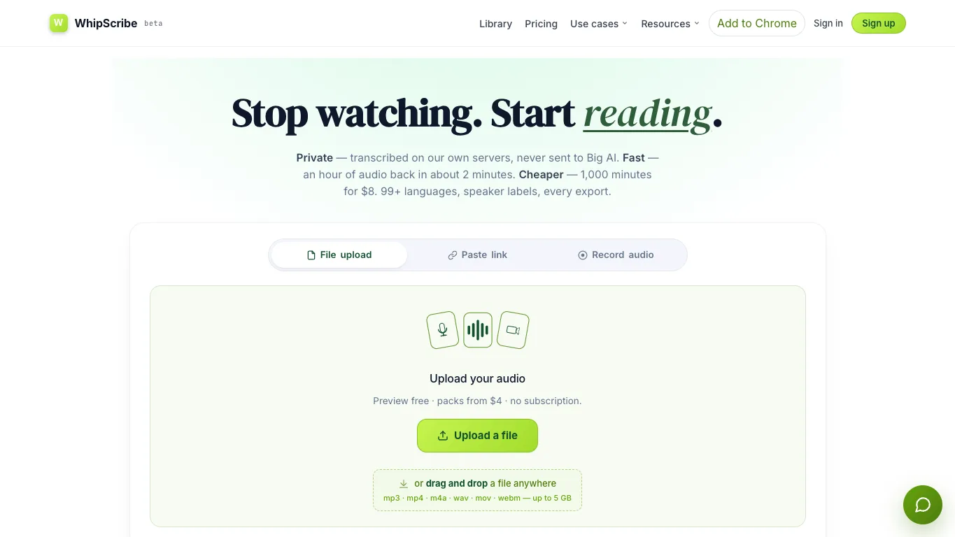 Whipscribe official homepage screenshot